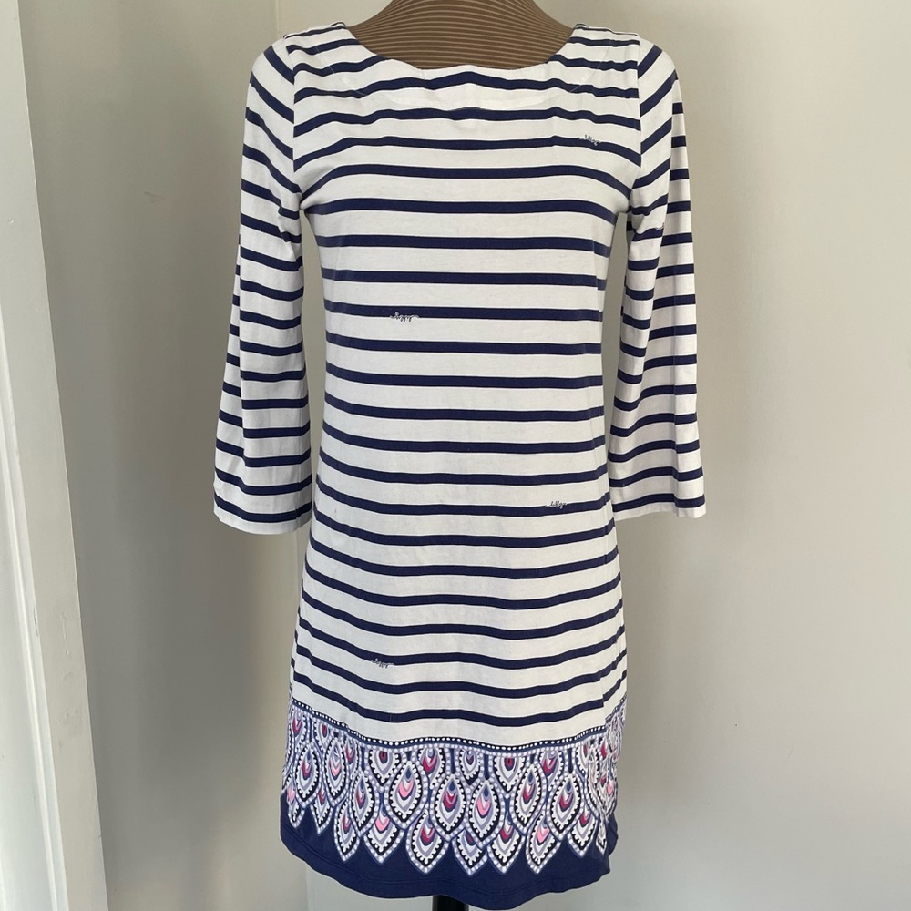 Lilly Pulitzer Navy and White Striped Dress with Band of Peacock Feathers Size M